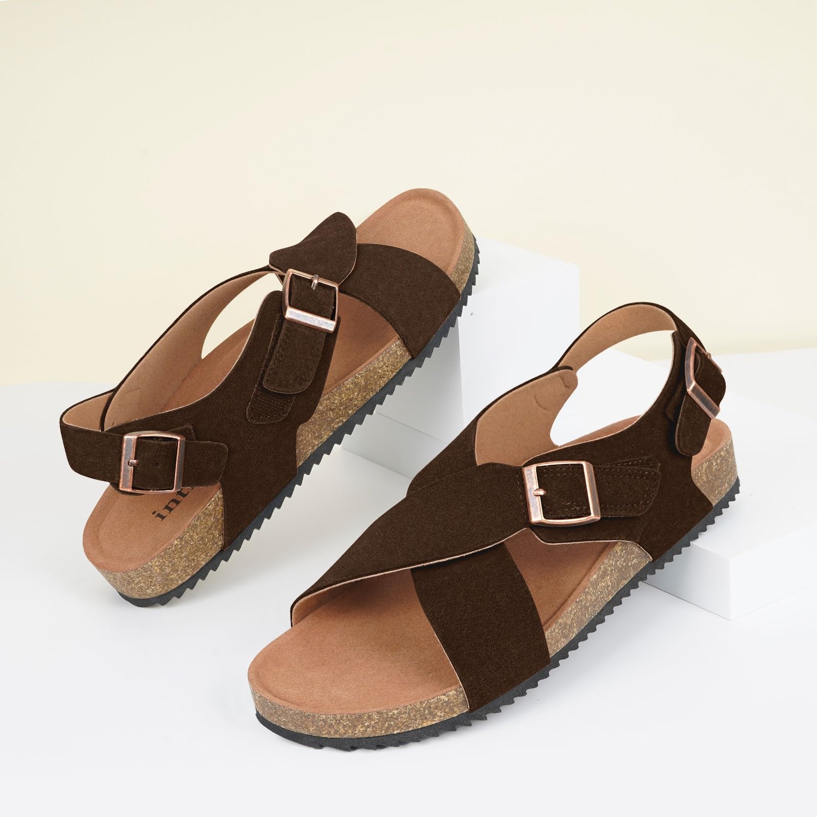 Dokela Sandalen Damen Mit Kork Fußbett Pantoletten aus Leder Sommer