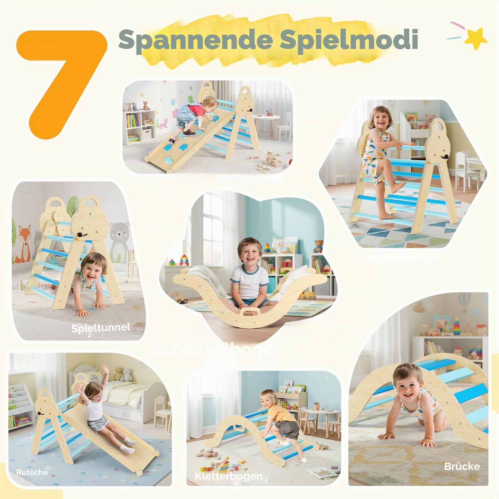 7-in-1 Montessori Klettergerüst Indoor, Kletterdreieck mit Rutsche & Kletterbogen, stabiles Holzkletterspielzeug mit Sicherheitsmatte, Indoor Spielplatz für Kinder ab 1 Jahr(Blau)