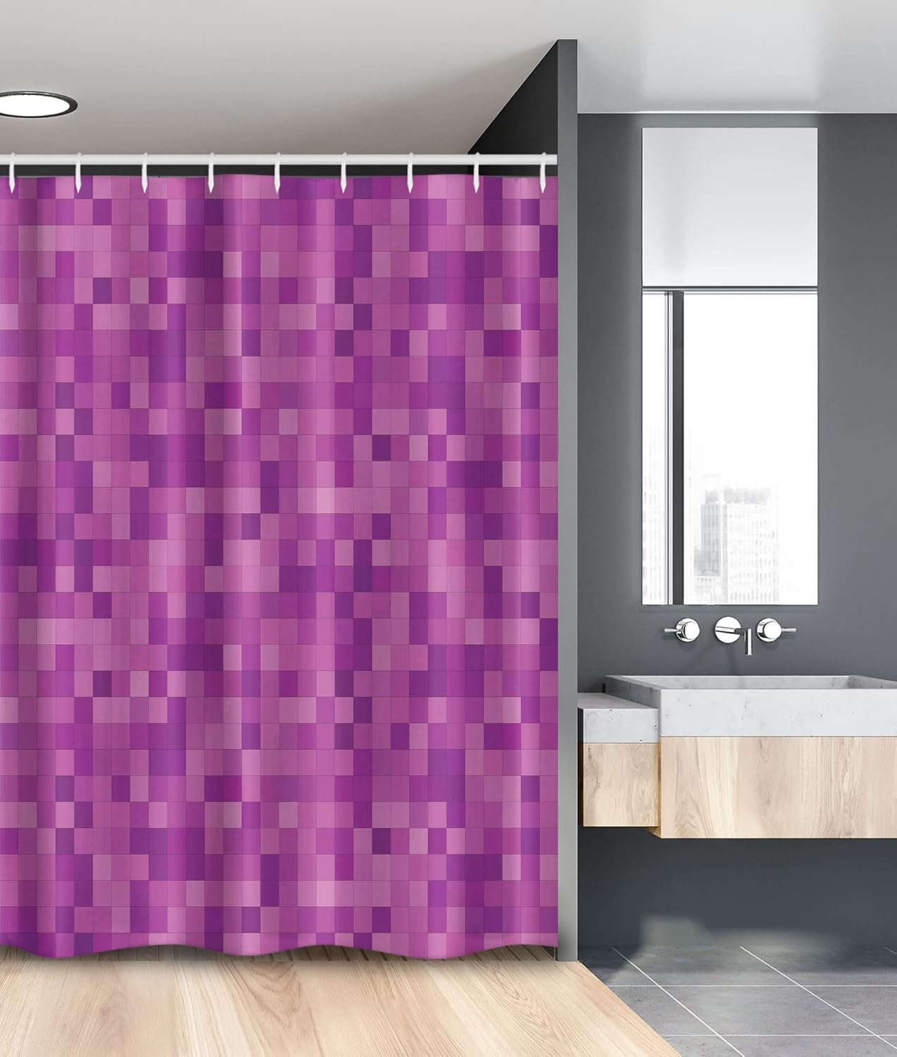 Ambesonne Magenta Stall Shower Curtain, Fractal Square Mosaic Tile Brick Block Polygonal Pixel Contrast Contemporary, Fabric Bathroom Decor Set with Hooks, 36" W x 72" L, Violet Lilac