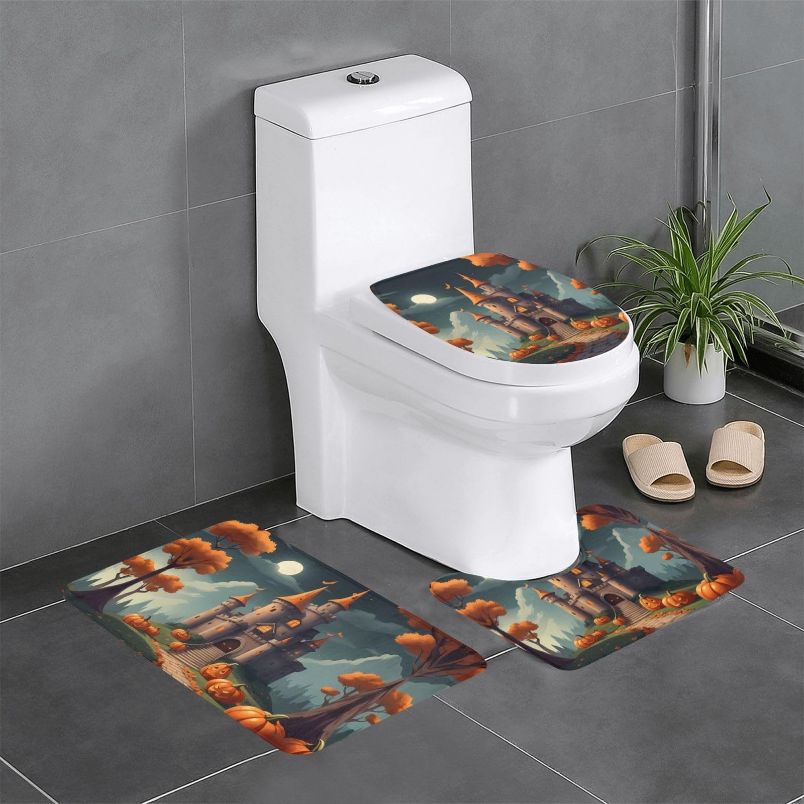 Tapis de salle de bain antidérapants lot de 3 sécurité maximale motif château citrouille d'Halloween