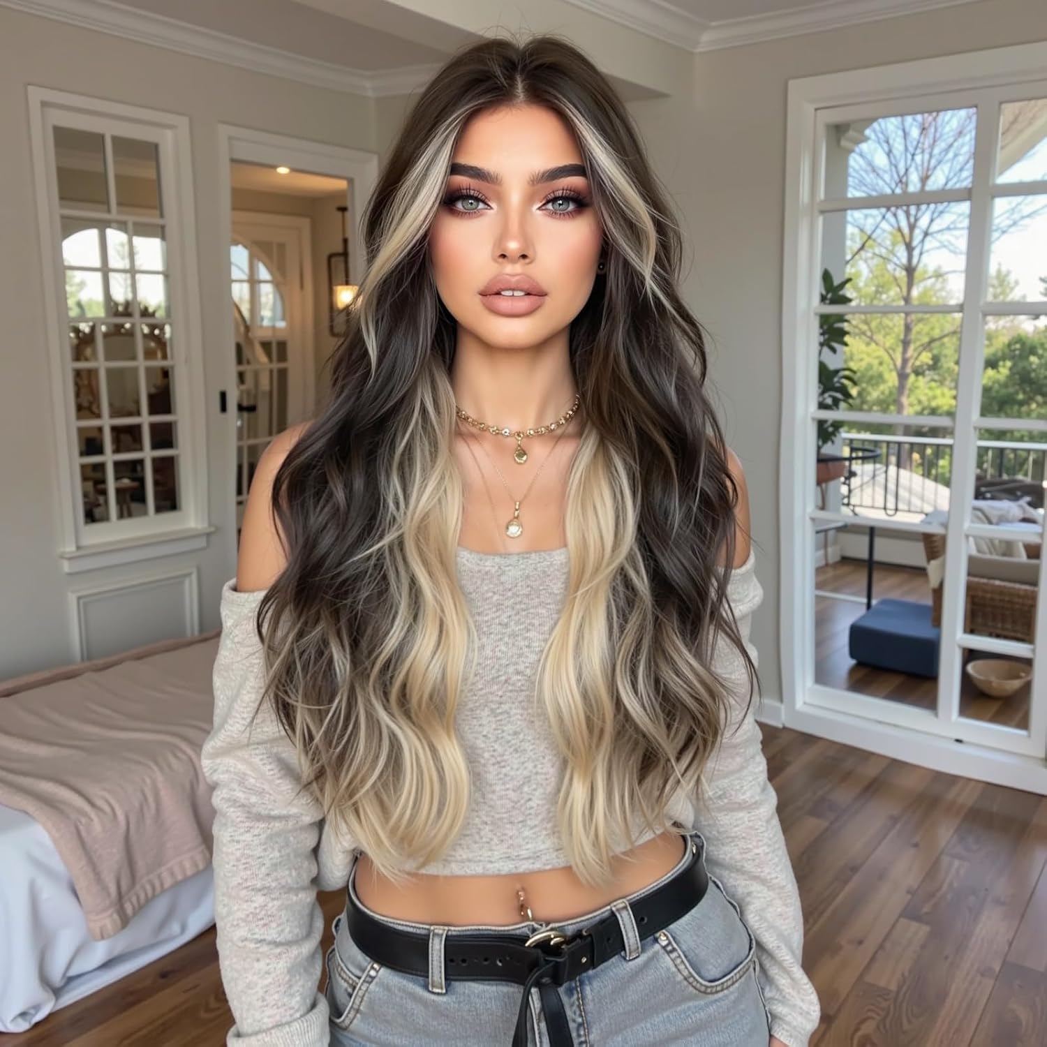 28 Inches Long Wavy Synthetic Hair Wigs for Women, Brown to Blonde Ombre Highlight, Middle Part, Natural Looking Daily Wear Cosplay 015