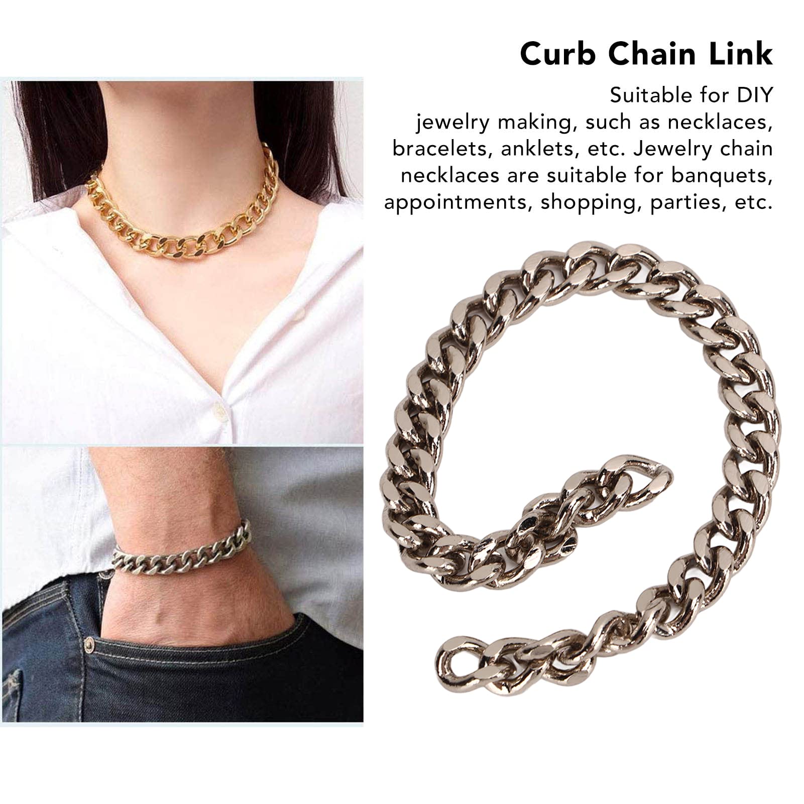 Cadenas de Bordillo de 10 M, Bolso de Cadena Artesanal de Metal, Correa de Cadena Plana de Repuesto de Metal, Bolso de Mano, Bolso Bandolera, Accesorios de Correa de Cadena de Bricolaje(Plata)