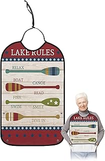 BOBOWUNY Summer Lake Rules Adult Bibs for Elder Women Men Eating, Farmhouse Paddle Red Star Lace Wood Waterproof & Washable Bibs for Eating Clothing Protector Dining Bibs for Crumb Catcher