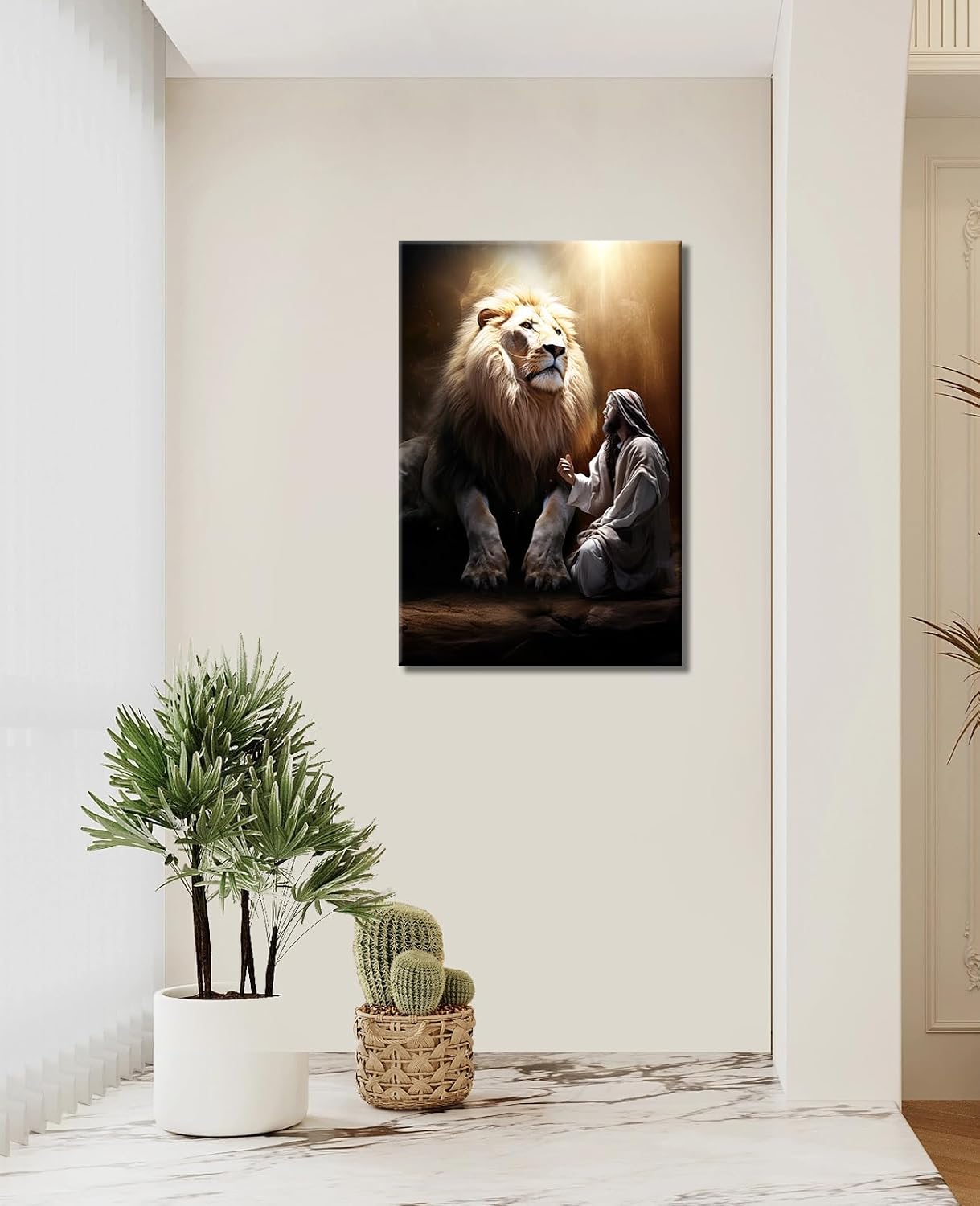 Jesus and Lion Canvas Wall Art Christian Wall Decor Print Poster Painting Framed Christ Lion Picture Artwork for Home Office Living Room Bedroom Decoration