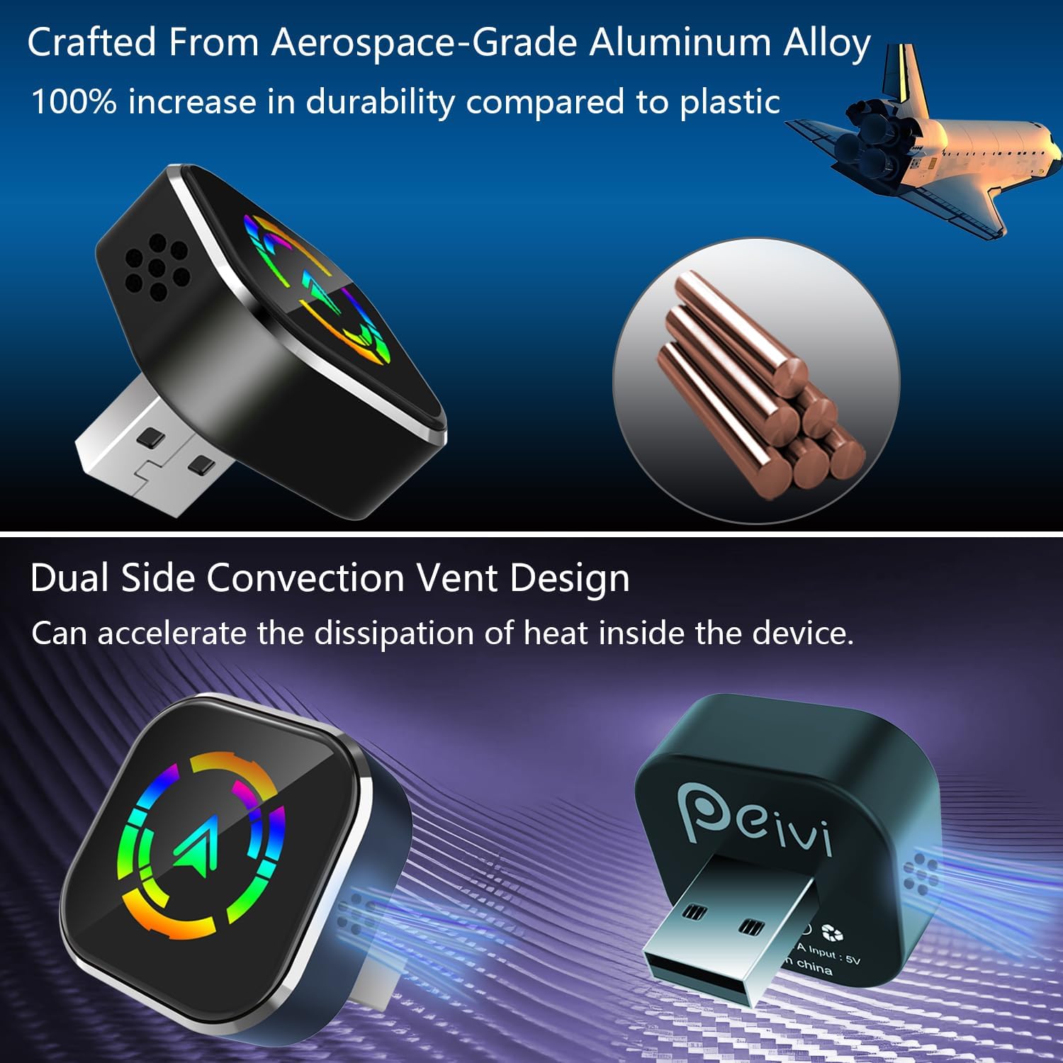 Adapter enabling CarPlay/Android Auto features like navigation, music, calls, calendar, and voice control