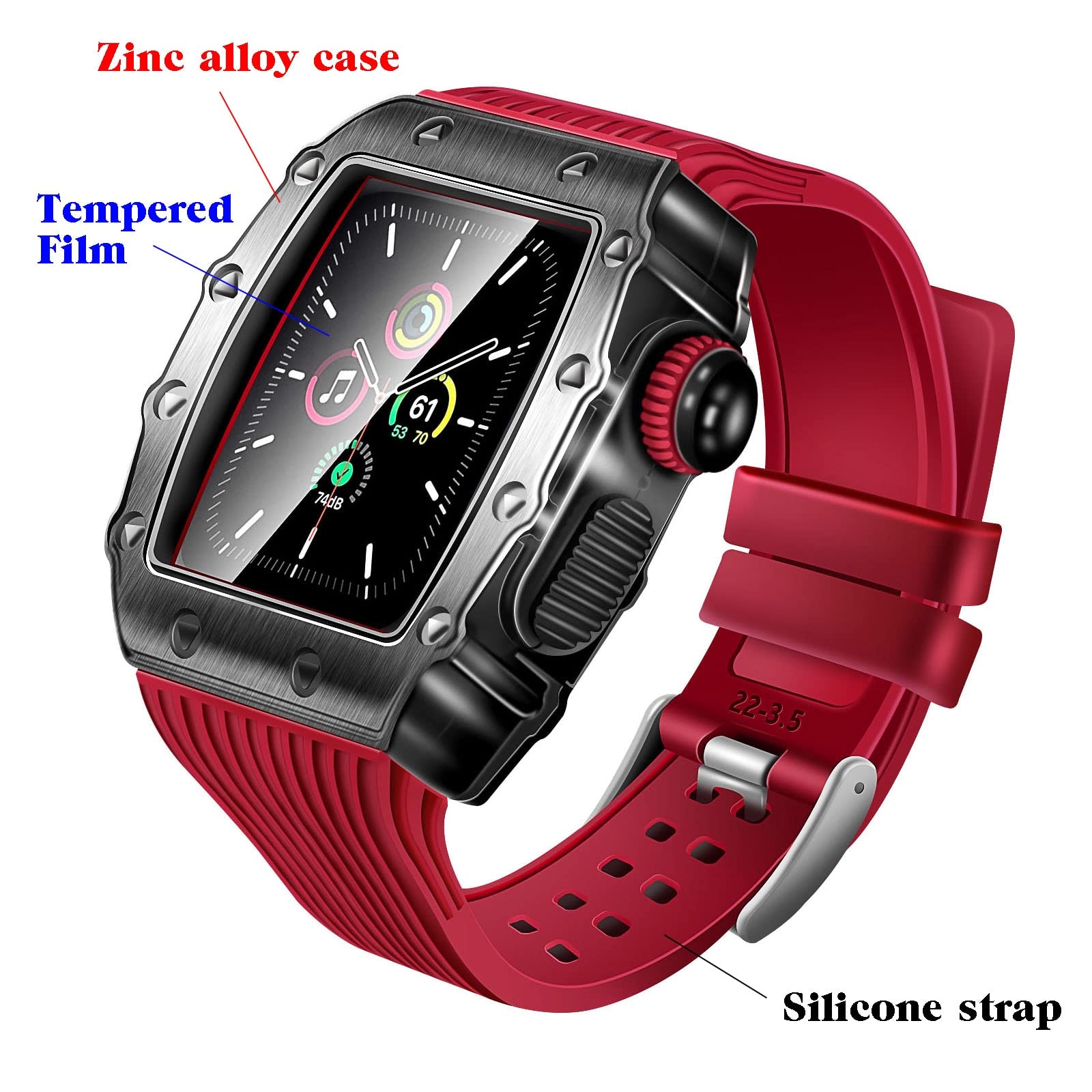 SCHIK Luksusowe metalowe etui + hartowana folia do Apple Watch Band 44 mm, 45 mm, sportowy silikonowy pasek do iWatch serii 8, 7, 6, SE, 5, 4, zestaw modyfikacyjny