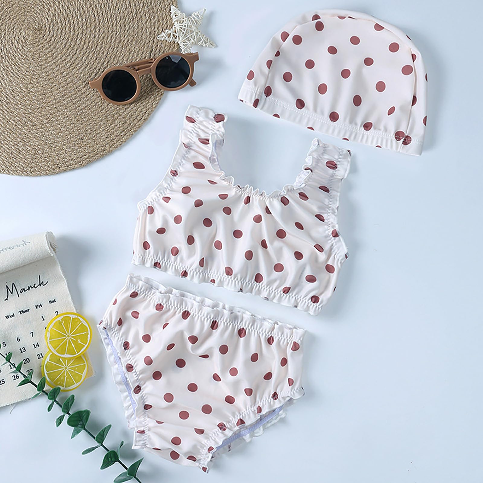 Generisch Vestido de playa de 3 piezas para niños, niñas, traje de baño con estampado de flores, rayas, lunares, traje de baño para niños pequeños, bañador con gorro de baño