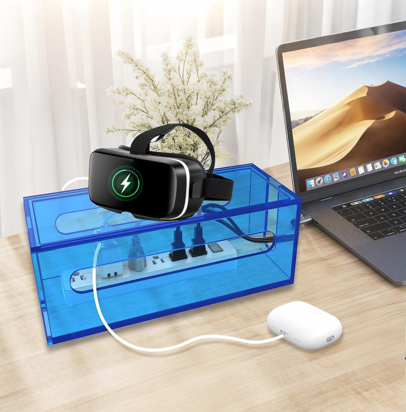 Cable Management Box Acrylic Cord Organizer Box Power Strip Storage Box to Hide Wires, Blue