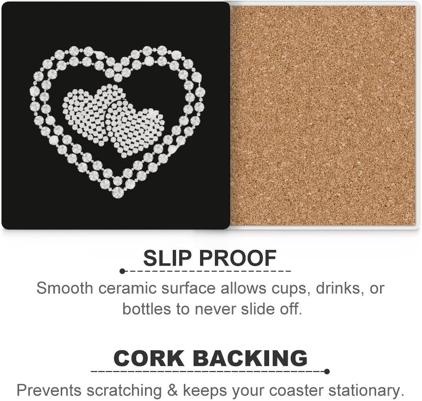 Rhinestone Hearts Funny Ceramic Coasters for Drink Absorbent Cup Holders Tabletop Protection