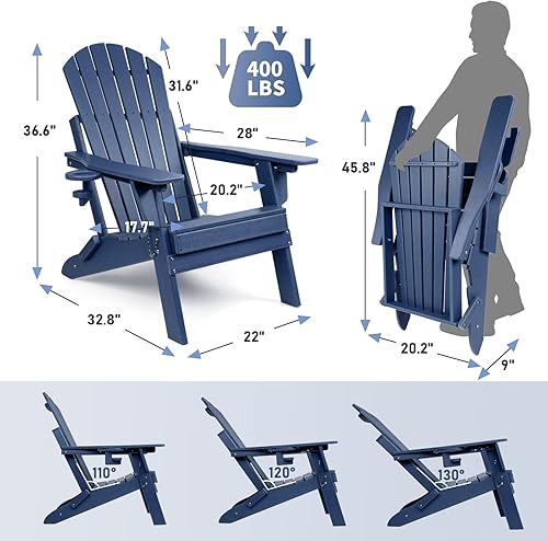Miniatura 3 de FUNBERRY Silla Adirondack plegable con respaldo ajustable, HDPE para todo tipo de clima, sillas para hogueras con portavasos