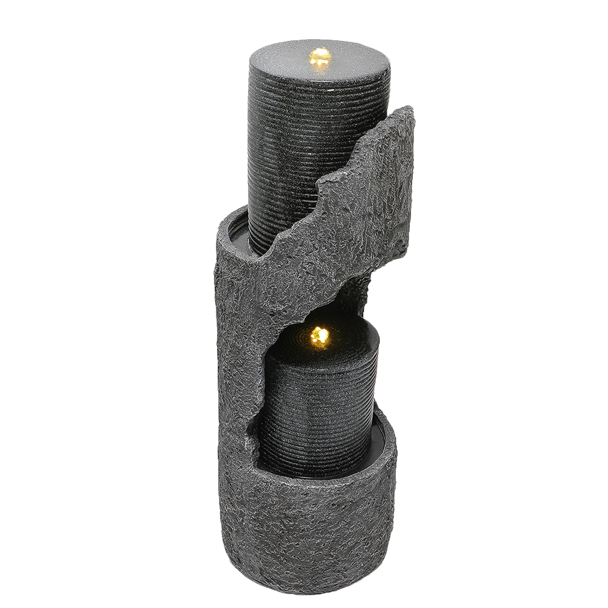 Fuente de Agua para Jardín y Exteriores, Fuente de Jardín con Iluminación LED, Cascada de 2 Niveles para Patio, Fuente Decorativa con Bombas, Decoración de Interior para Terraza (Gris)