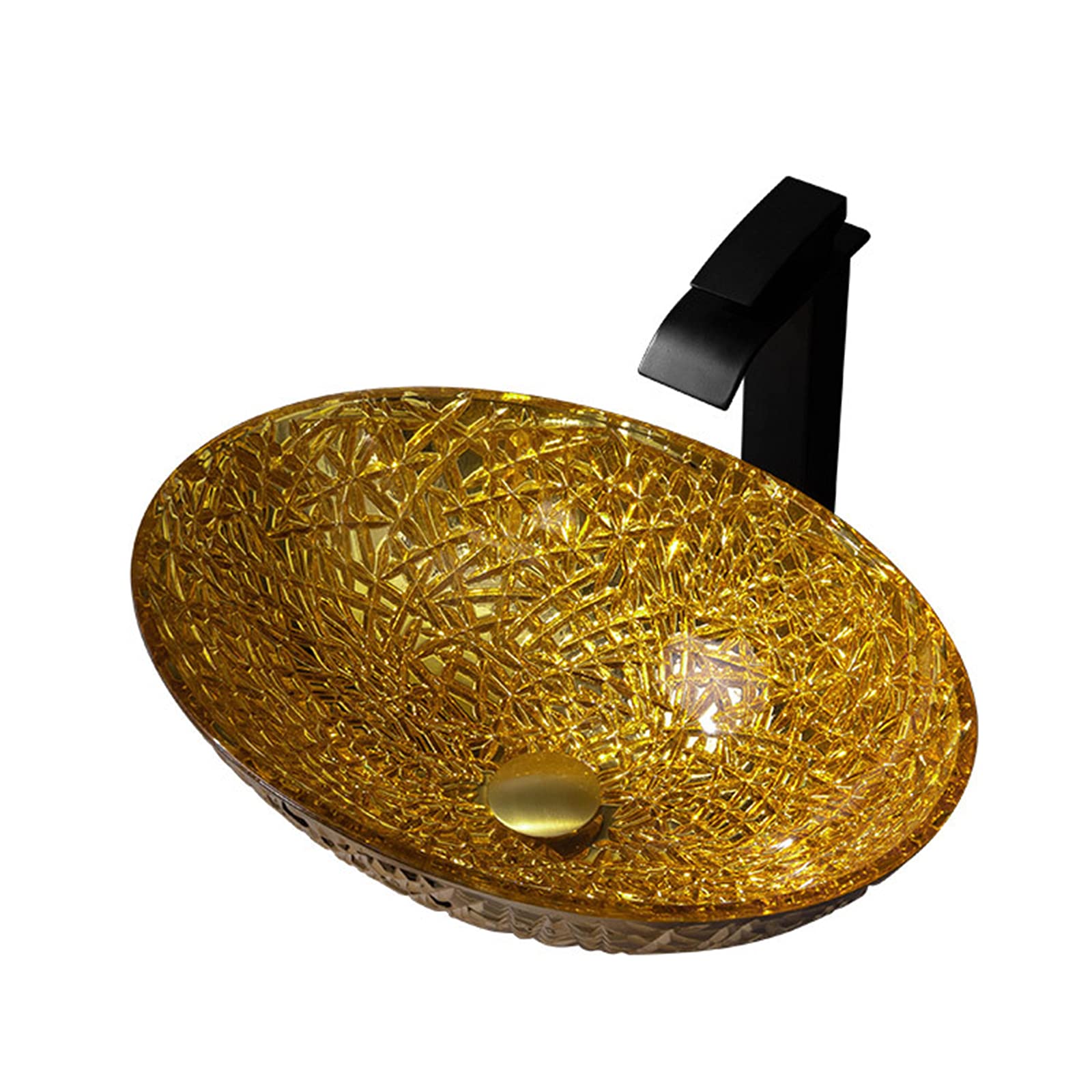 ASerZenith Bathroom Vessel Sink, Tempered Glass Round Countertop Installation Vessel Sink With Waterfall Faucet And Pop Up Drain,Gold