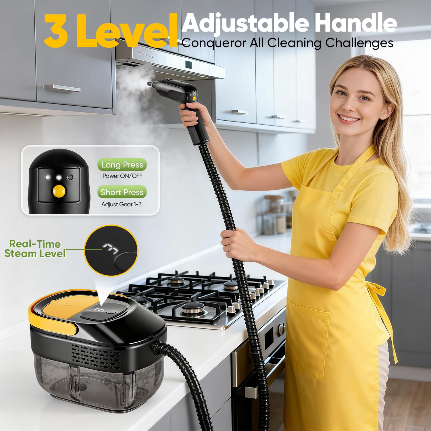 Limpiador de Vapor Portátil 17-in-1 Hogar y Auto, Calentamiento 10s, Depósito 1600ml, 3 Niveles de Vapor Ajustables en Mango, Radio de Acción 4,5m, Accesorios: Cocina, Baño, Suelos, Ventanas, Auto