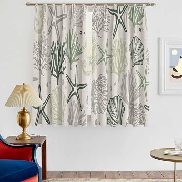 Blackout Curtains for Bedroom 31 Inches Long, Green Coastal Room Darkening Curtains for Living Room with Hooks, Ocean Coral Starfish Seahorse Farmhouse Thermal Insulated Drapes 2 Panels, 79"Wx32"L