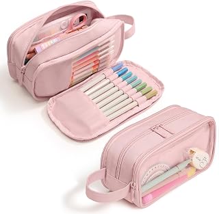 SUNEE Large Capacity Pencil Case with 3 Compartment, Extra Big Pencil Pouch, Pencil Bag with Clear Window, Pen Case School Supplies for Teens Adults Girls,Pink