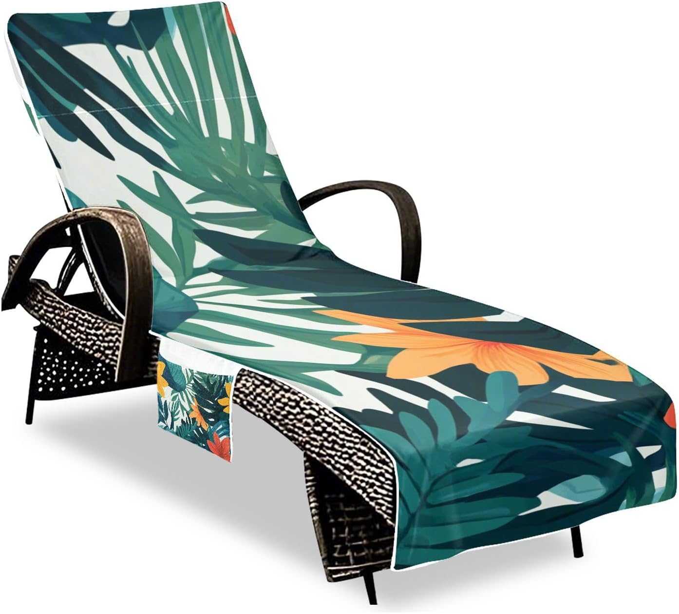 Tropical Style Green Leaves Flower Patio Chaise Lounge Chair Cover Soft Sturdy Patio Furniture Cover with 3 Pockets for Outdoor Pool Beach Sunbathing, 85" X 30"