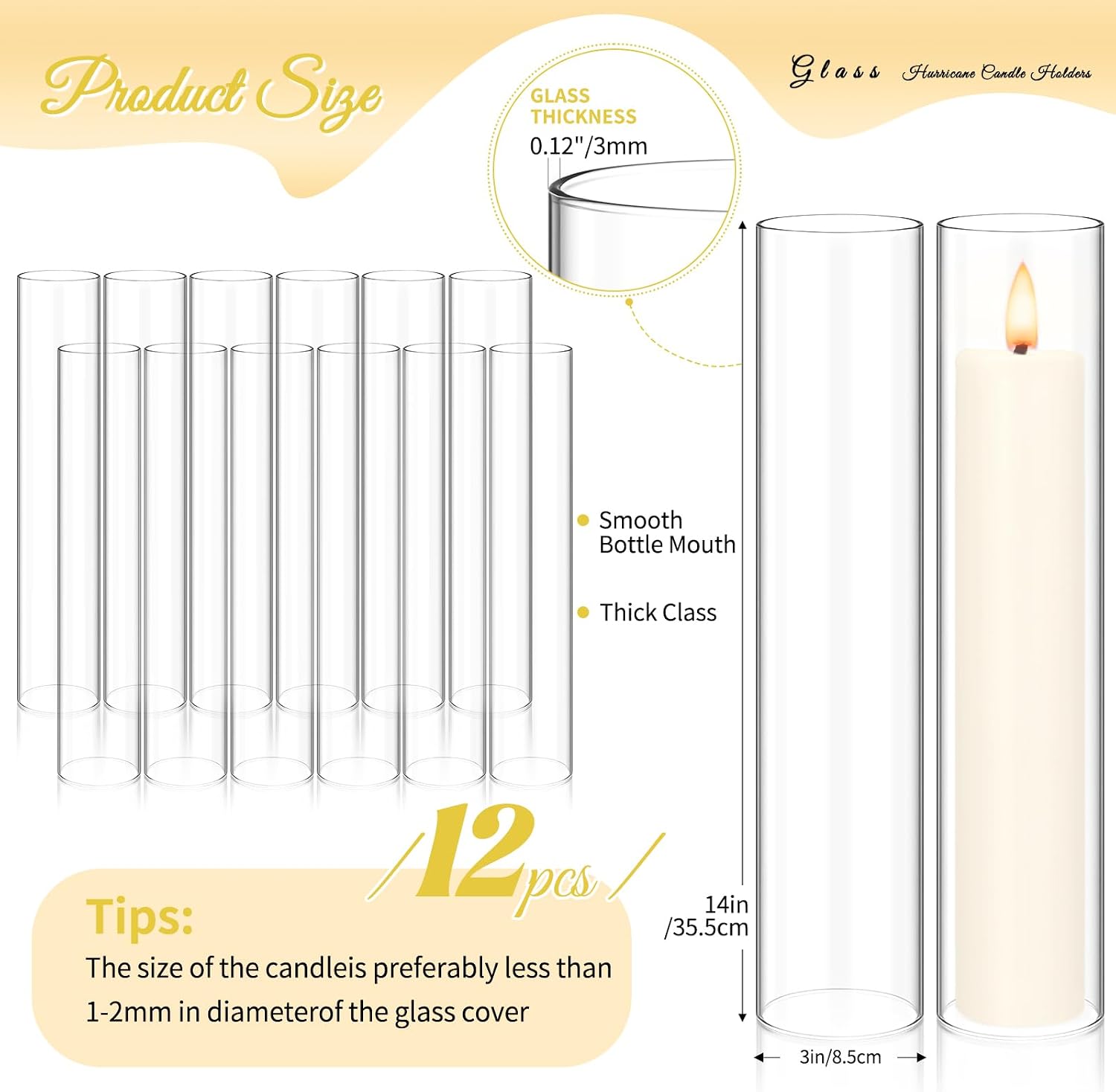 Showgeous 12 PCS Hurricane Candle Holder, D:3" H:14" Open Ended Glass Candle Cylinder Sleeve, Clear Glass Cylinder Candle Holder, Open Flame Candle Chimney Tube Cover, Bottomless Cylindrical Glass
