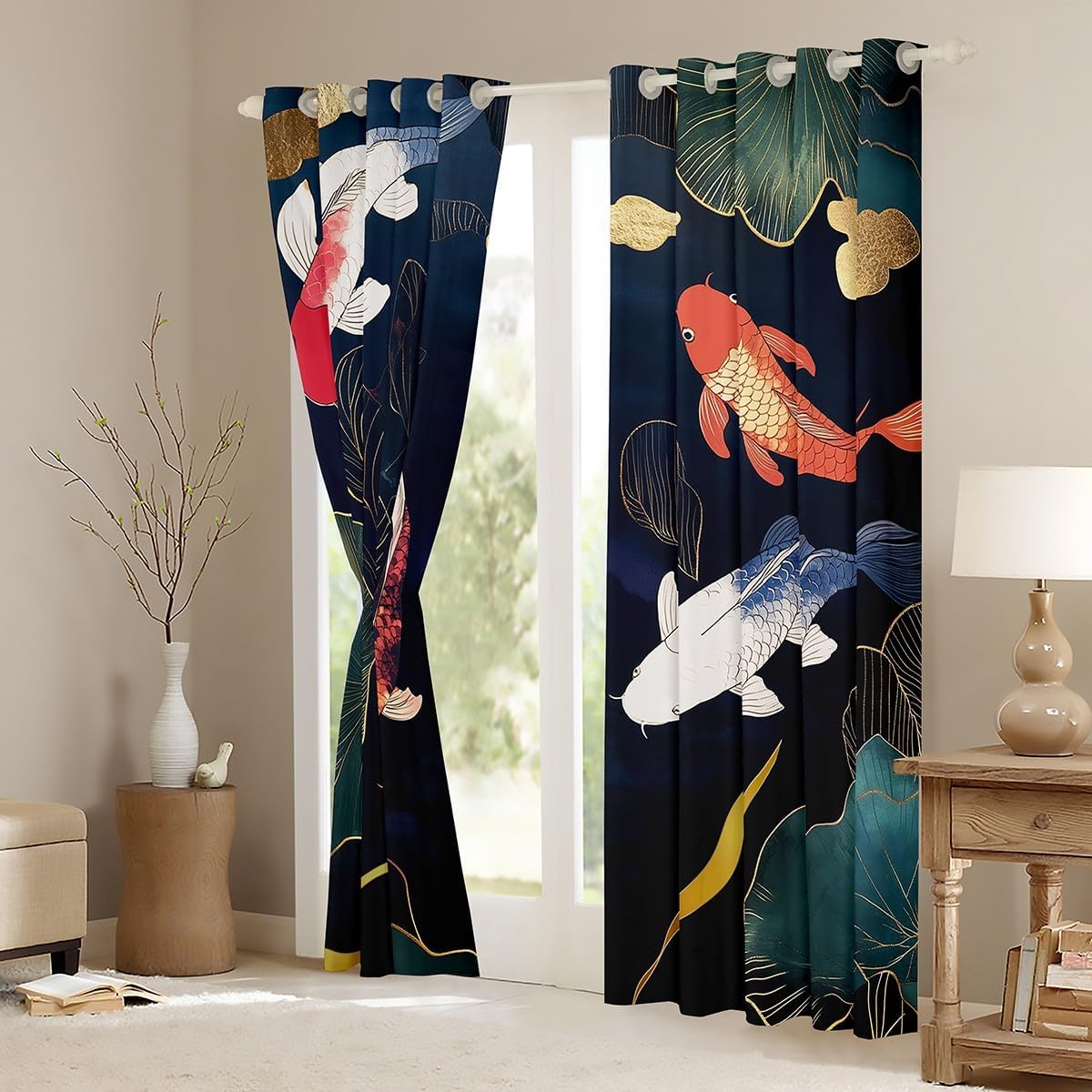 jejeloiu Koi Fish Curtains (2 Panels, 52 x 84 Inch) Kids Japanese Style Darkening Drapes for Boys Girls Teens Ocean Marine Room Darkening Blackout Curtain Japanese Ukiyoe Window Treatments