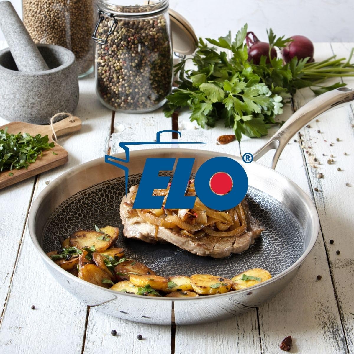 Elo Batterie de cuisine 3 poêles 24/28/32 cm et 4 faitouts 14/16/20/26 cm | Cuisson homogène, 7 pièces pour équiper la cuisine, Inox 18/10, Poêles 24 28 32 cm, Faitouts 14 16 20 26 cm, Induction four