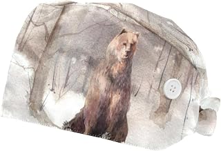Snowy Forest Scene with Bear Winter Landscape 2 Pack Adjustable Working Cap with Buttons Elastic Bouffant Hats Head Scarf with Sweatband for Women Men