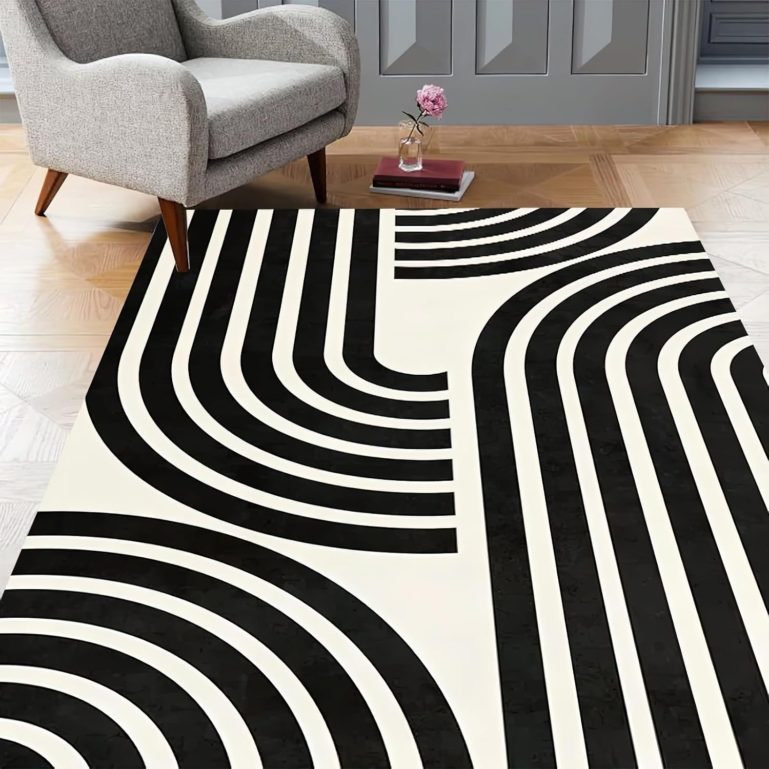 Simple Lines Area Rug, Medieval Black White Geometry Non