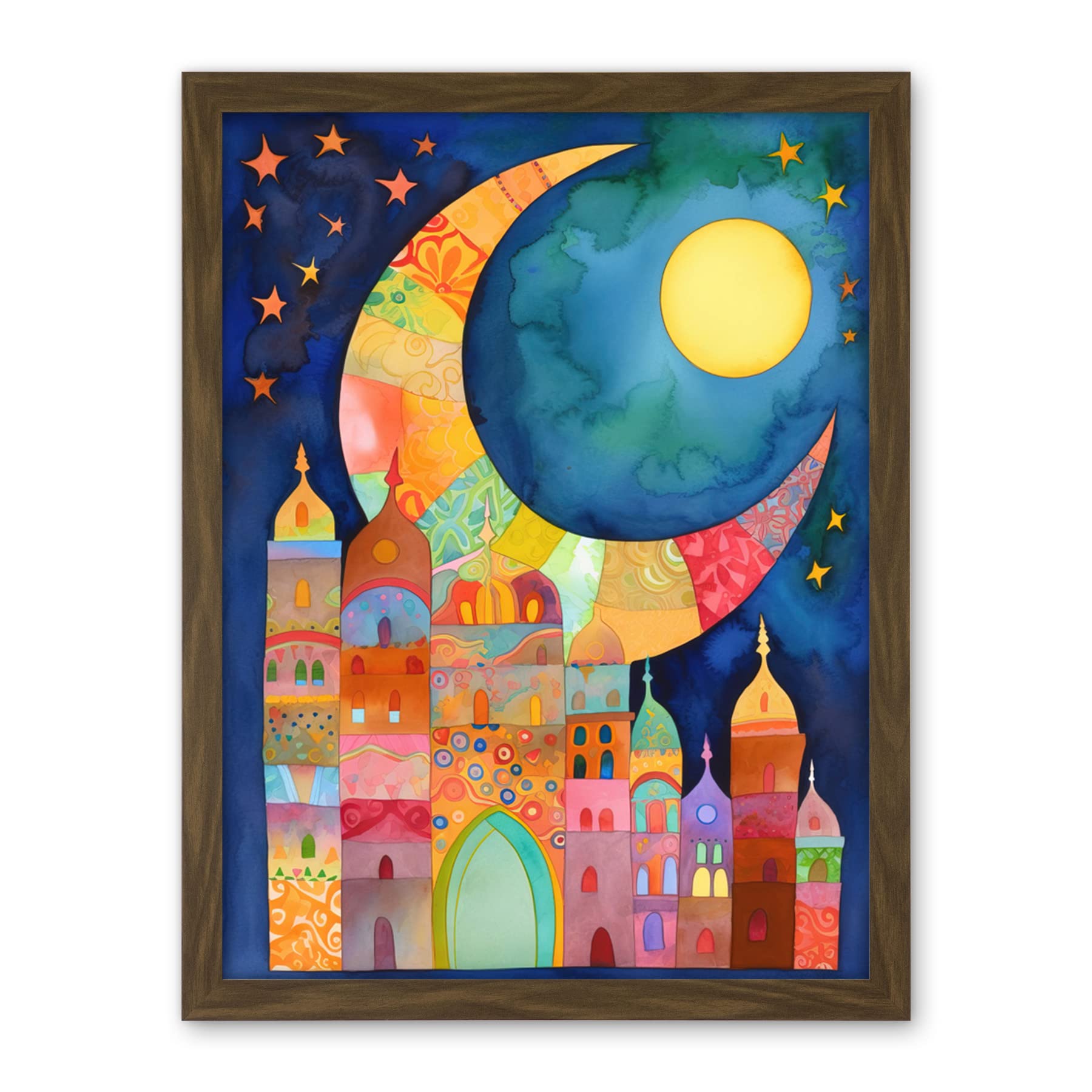 Artery8 Eid Crescent Moon Cityscape Folk Art Watercolour Painting Artwork Framed Wall Art Print 18X24 Inch