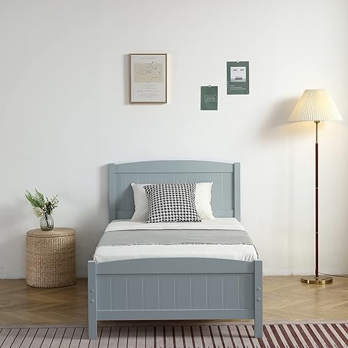 Miniatura 3 de Karl home Base de cama de madera tamaño individual con cabecero, plataforma para dormitorio con estribo, soporte de 12 listones de madera, no