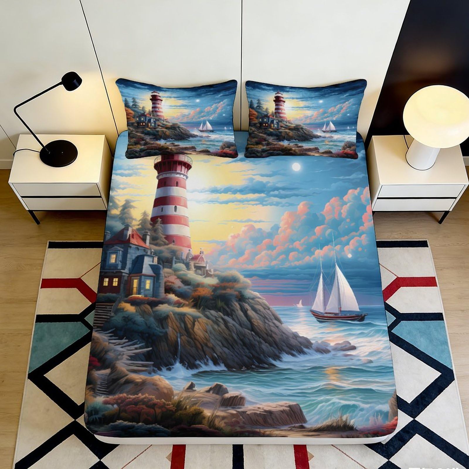 3D Printed Lighthouse Coastal Fitted Sheet Microfiber Soft Ocean Sunset Bed Cover for Bedroom Guest Room Decor 90x200x25cm