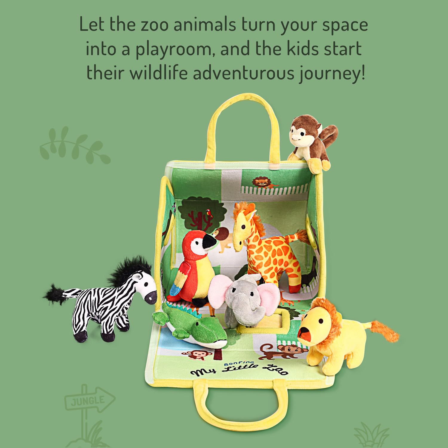 Bonfino Premium My Little Zoo House Playset with Bag for Kids,7 Plush Animal Figurines,Educational Montessori Learning Toy for Toddlers,Soft Pretend Play Set,Birthday Gift for Boys&Girls,BIS Certified 3