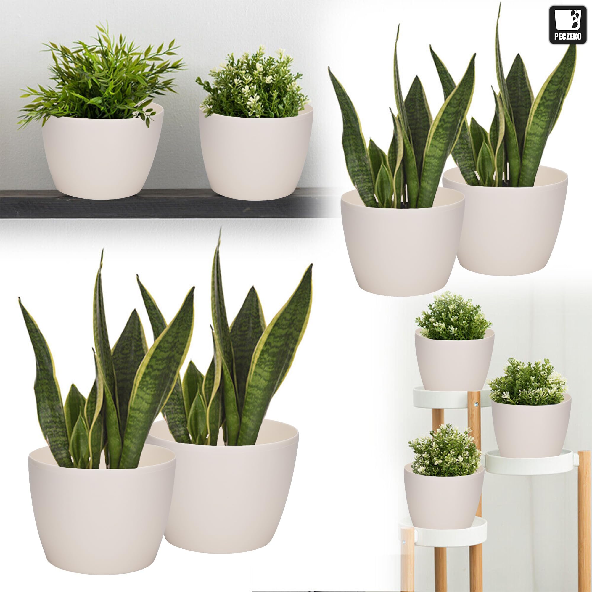 Lot De 5 Pots De Fleurs Brillants PECZEKO - 12 à 21 Cm, Plastique Blanc, Pour Plantes Et Herbes