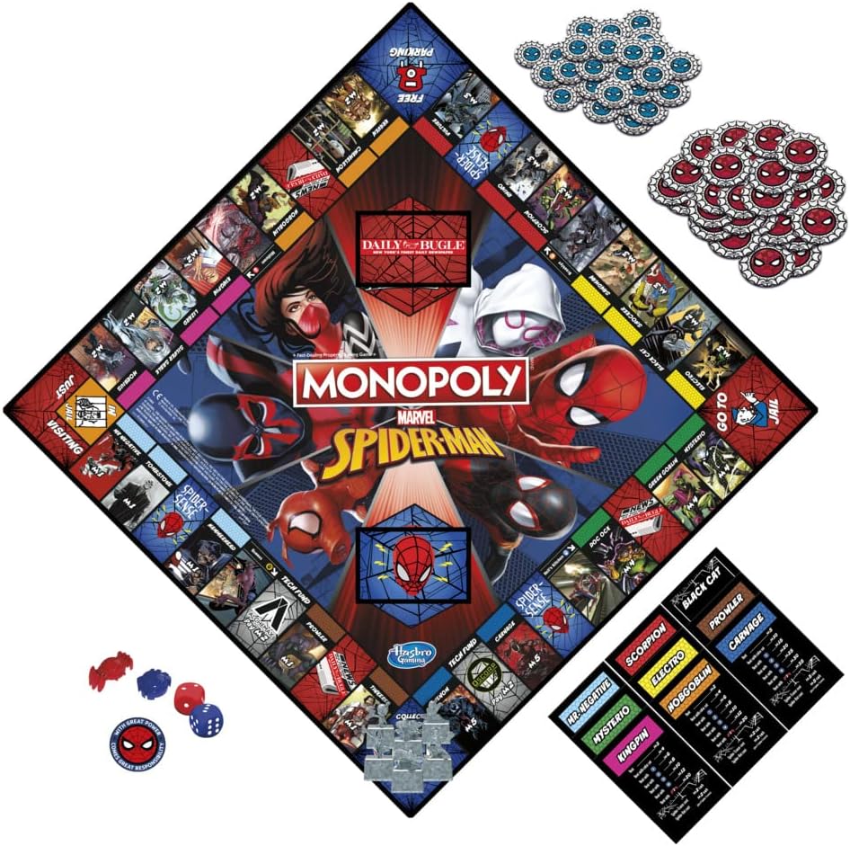 Monopoly Spider-Man game board with tokens, dice, and web coins, showing the game in progress.