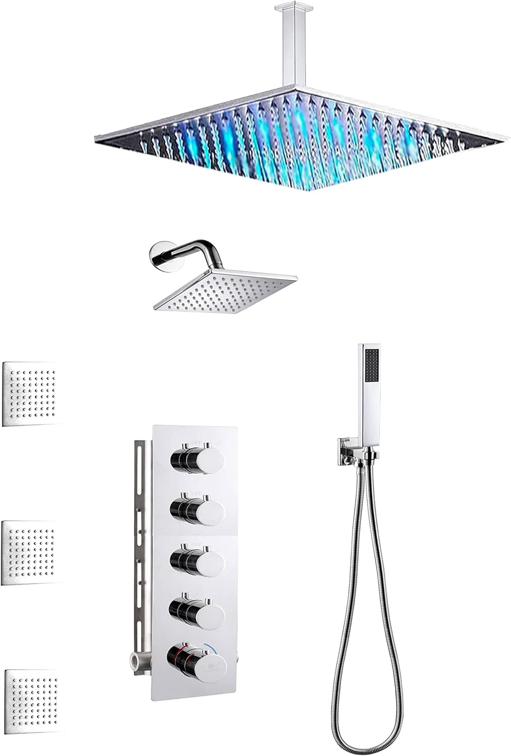 Chrome 4 Function Thermostatic Faucet Set with Ceiling 12" Rain Shower Head, High Pressure 6", Body Jets and Handheld Spray