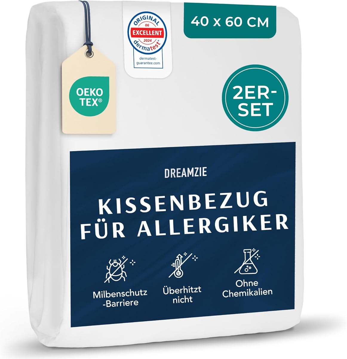 Dreamzie - Set of 2 Anti-Dust Mite Pillow Covers - Bed Pillow Cover 40 x 60 cm for Allergy People - Anti-Dust Mite Hypoallergenic Pillow Cover Certified Washable at 95°C