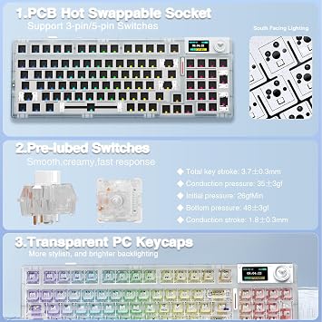 AULA F98 Pro Wireless Mechanical Keyboard with Transparent Keycaps,Hot-swappable,Pre-lubed Linear Switches,Gasket Structure,RGB Backlit,OLED Screen,BT5.0/2.4G/USB-C Wired Computer Keyboard