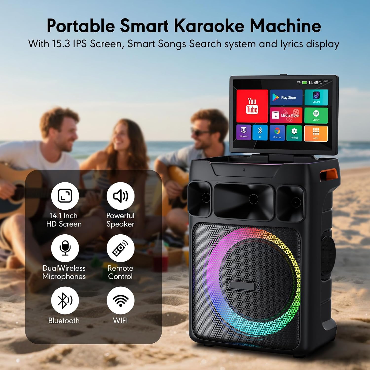 Smart Karaoke Machine with Screen & Lyrics Display, 14.1 Inch HD Screen, Dual Wireless Microphones, Up to 400W Power Speaker, Karaoke Machine for Adults or Music Lovers (Large) - Image 2