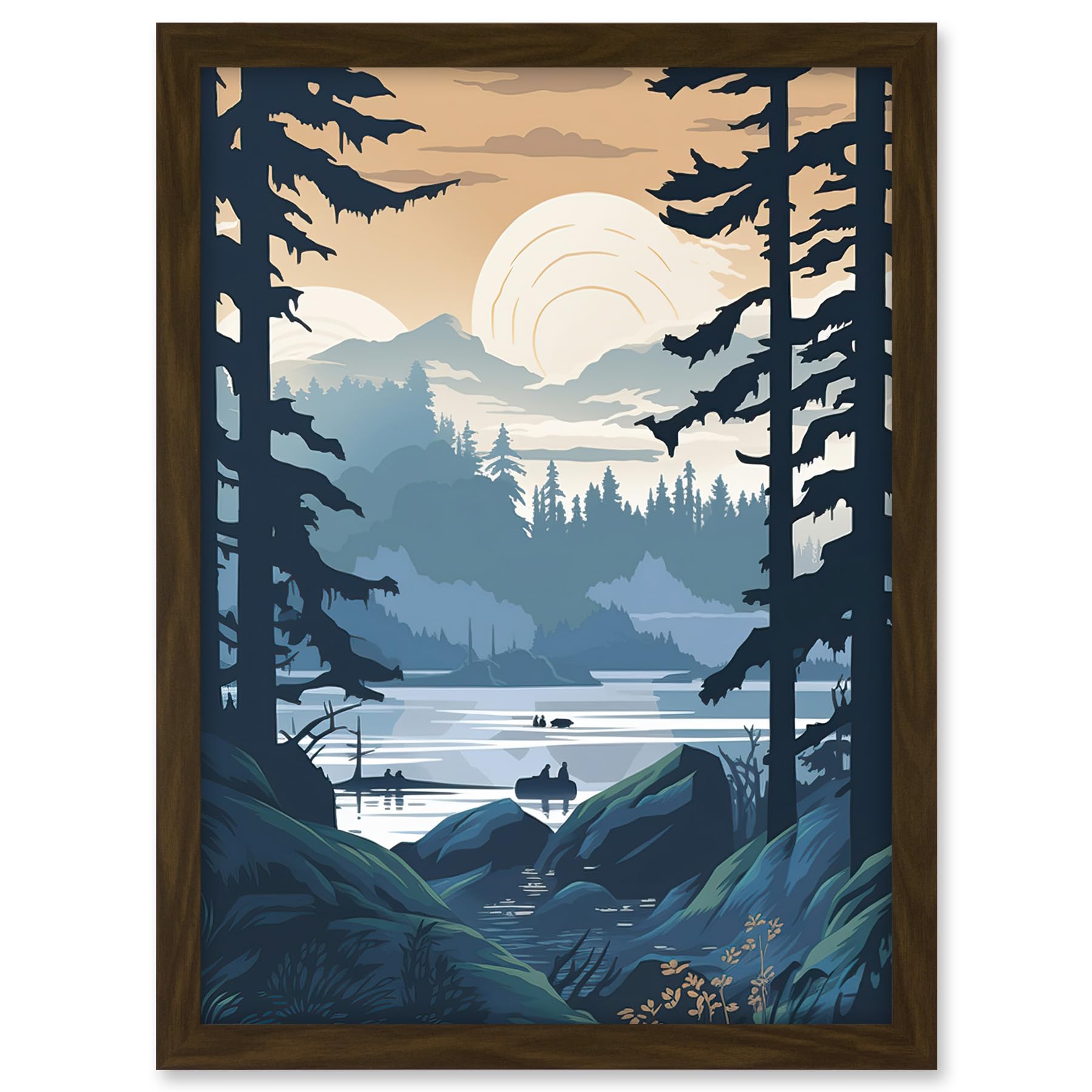 Artery8 Lake View in Rainforest Landscape Illustration Artwork Framed A3 Wall Art Print