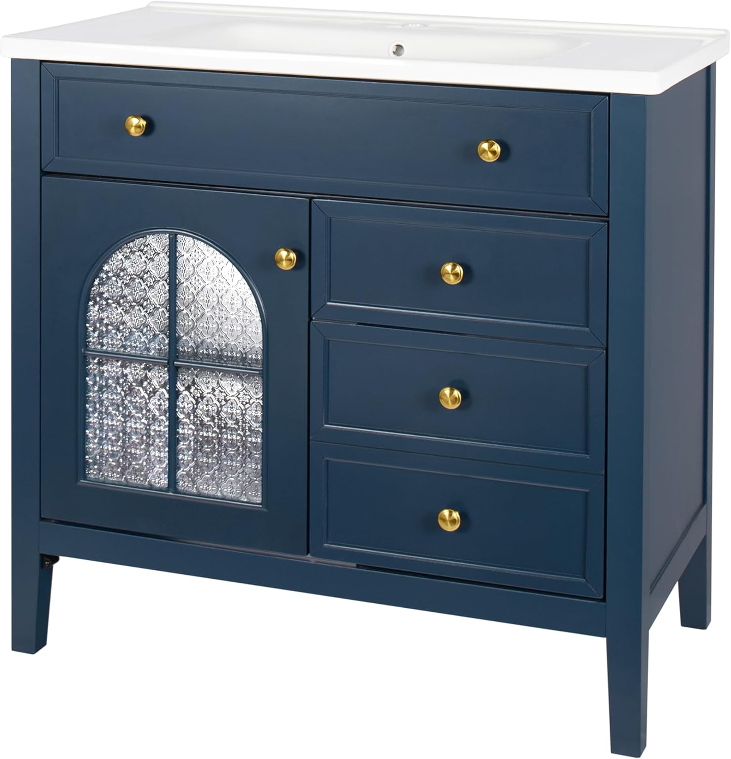 Linique 36" Bathroom Vanity with Sink Combo Set, Solid Wood Frame Bathroom Storage Cabinet with Motion-Sensor Light Strip, 2 Drawers and a Tip-Out Drawer, Soft Closing Cabinet Glass Door, Blue