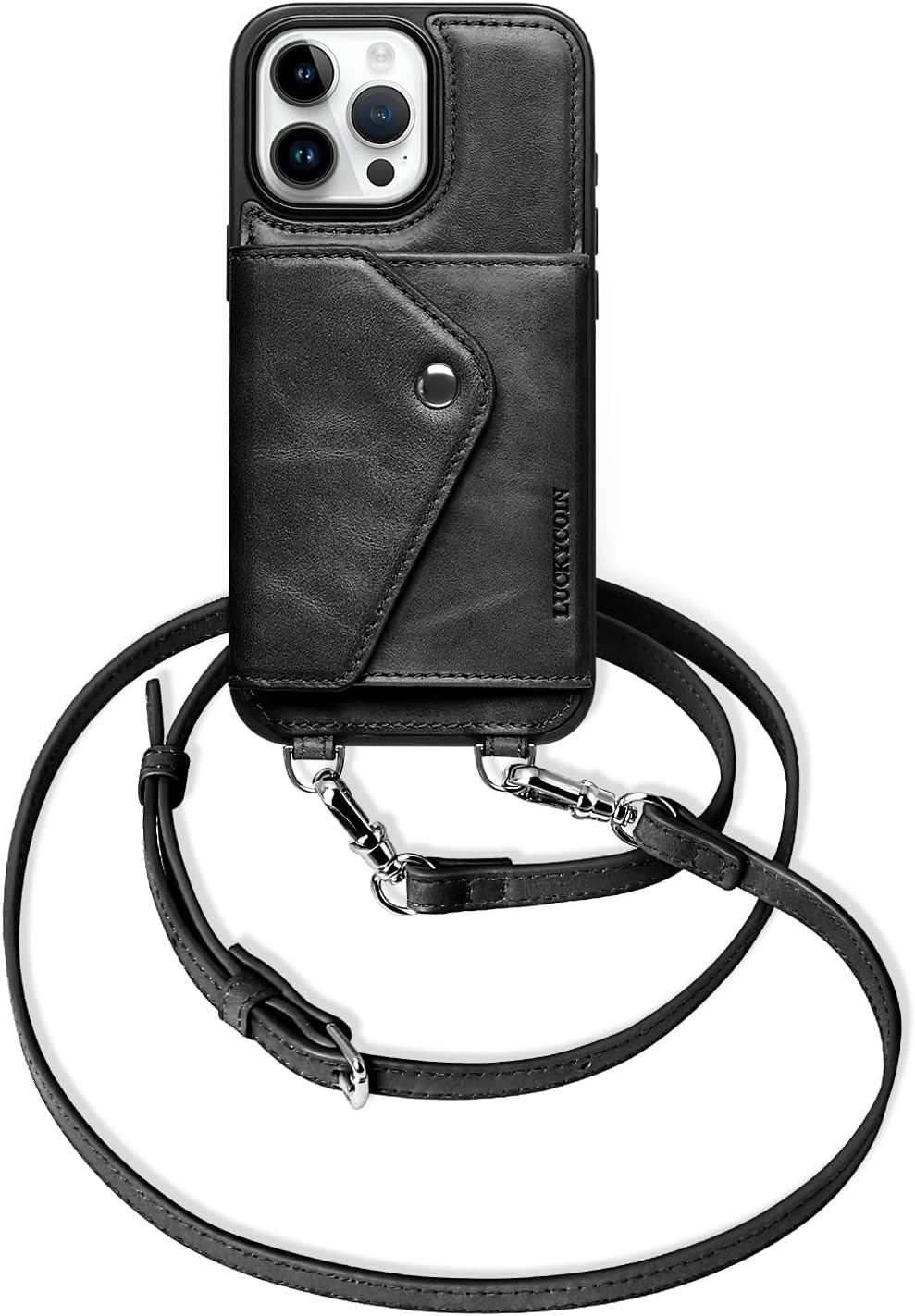 LUCKYCOIN for iPhone 17 Crossbody Wallet Case – Genuine Leather Phone Purse with Adjustable Strap and Card Holder,Lanyard Phone Purse Case for Women,Vintage Tan