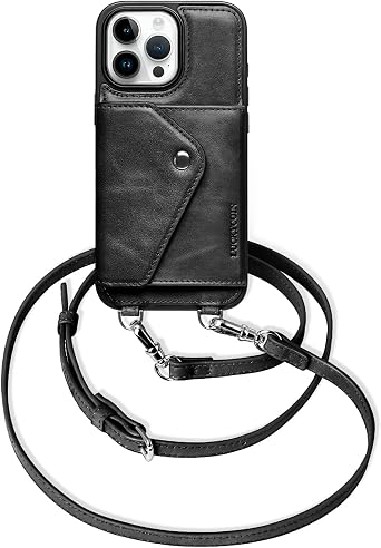 LUCKYCOIN 100% Genuine Leather Crossbody Wallet Phone Case for iPhone 16 Pro Max, Shockproof Phone Purse with Adjustable Lanyard Strap & Card Holder, Crossbody Purses for Women, Vintage Black