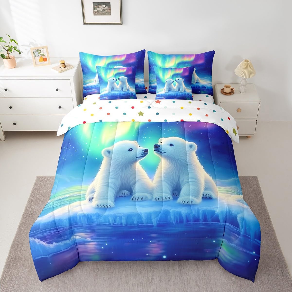 Polar Bear Comforter Set 7 Pieces,Kawaii Little Bear 3D Wildlife Bed Set,Rainbow Aurora Galaxy Sky Bedding Bed in a Bag,Queen (1 Comforter,2 Pillowcase,2 Pillow Covers,1 Flat Sheet,1 Fitted Sheet)