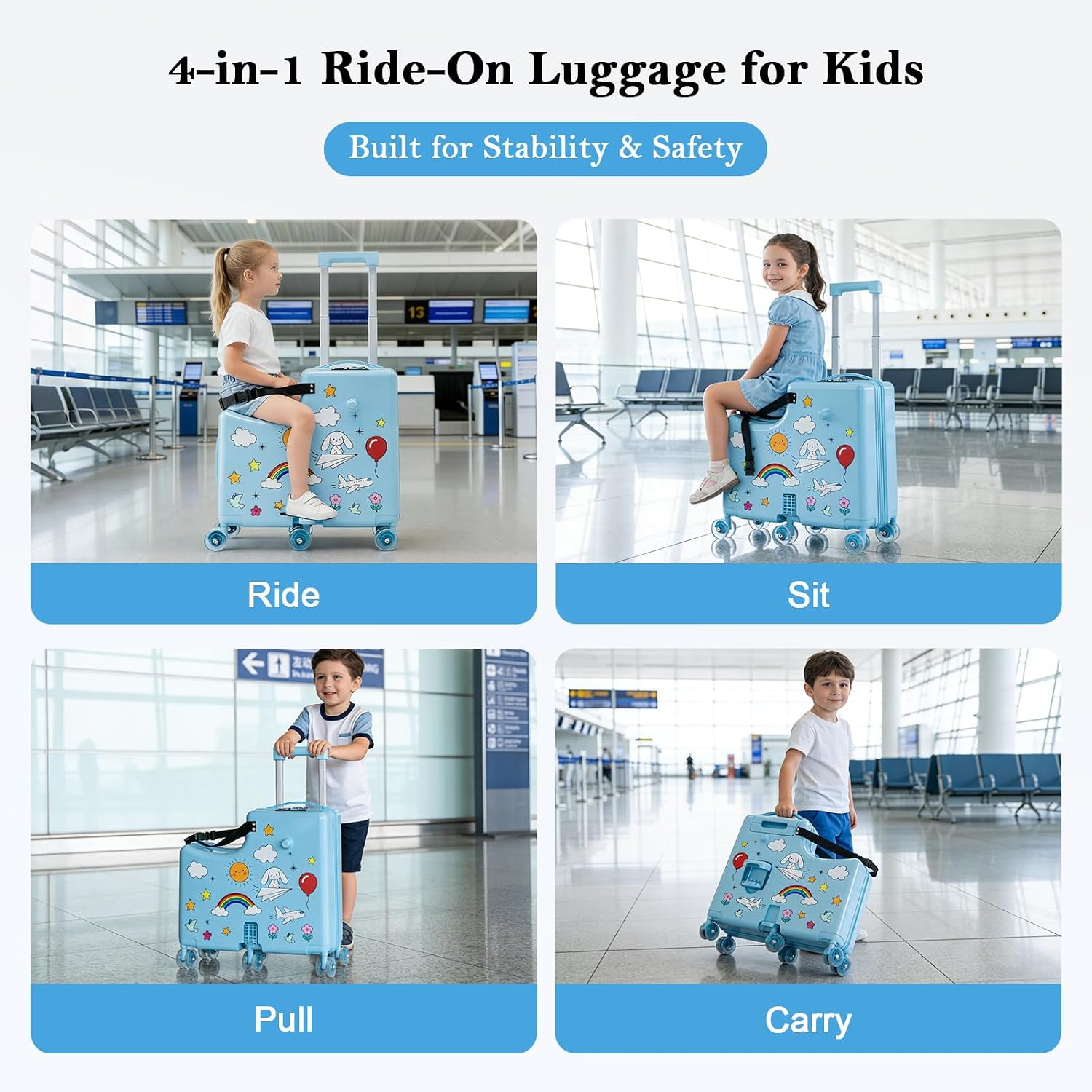 Ride On Suitcase for Kids, Kids Ride On Luggage with Wheels, Hard Shell Kids Suitcase with TSA Lock, Foldable Pedal, Cup Holder, Safety Belt & 6 Spinner Wheels, Toddler Carry On Luggage, Blue