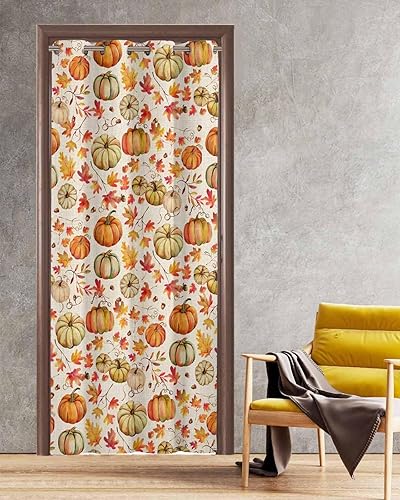 Thanksgiving Fall Doorway Curtains - Blackout Curtains 80 Inches Long, Orange Teal Pumpkin Maple Leaf Rustic Sliding Door Curtains Grommet Window