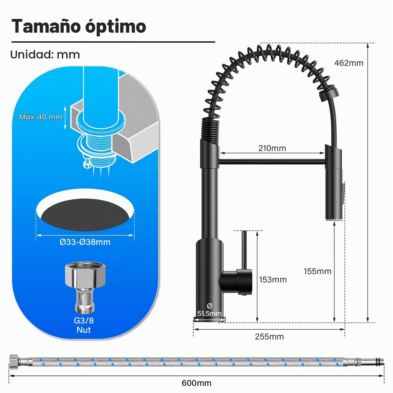 Grifo Cocina Extraible, Grifo Cocina Fregadero 360° Giratorio Con Dos Modos De Salida De Agua Grifo De Cocina,Grifo Monomando Cocina Mezclador De Arco Alto Acero Inoxidable 304 Cepillado (Negro)