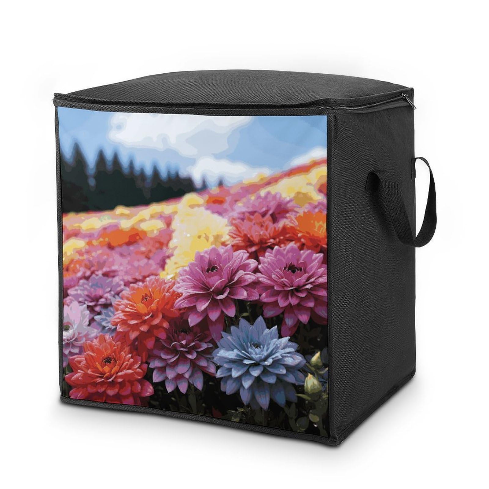Rainbow Flower Sea Storage Bag with Zippers And Handle Extra Large Bedding Comforter Storage Bag Foldable Blanket Storage Bags Fabric Moving Bags for Closet Organizer (70L)