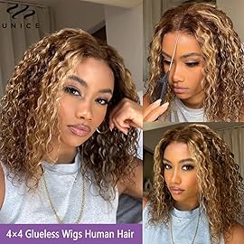 Ombre Highlight Glueless Wigs Human Hair Pre Plucked Pre Cut Deep Wave Bob Wig Human Hair 4/27 Lace Front Wigs for Beginners Upgraded No Glue 4x4 Lace Closure Glueless Wigs for Black Women 12 Inch