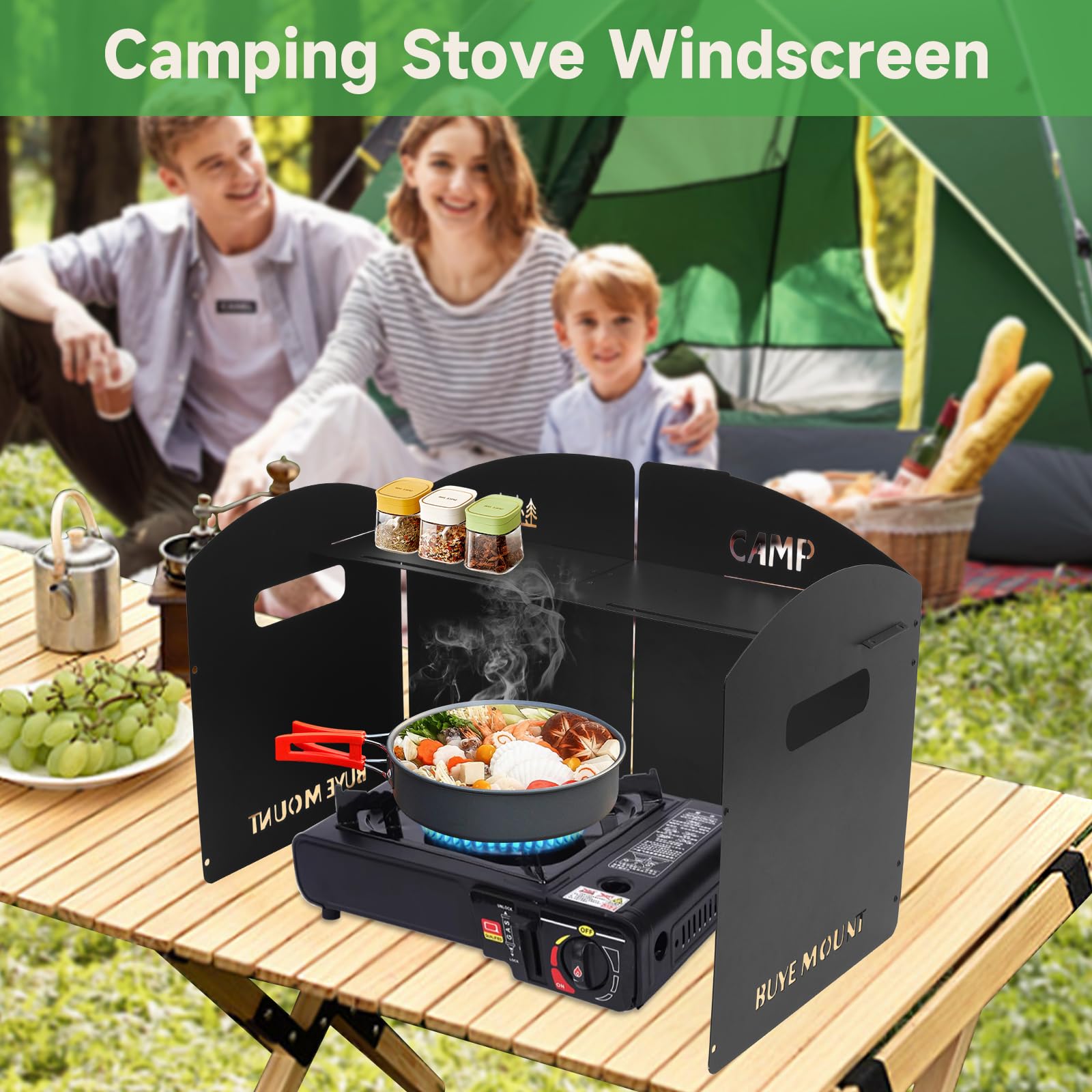 GEEKHOM Windschutz Gaskocher Camping Kocher - Faltbar Windschutz Campingkocher Spritzschutz Mit Tragetasche, Zubehör Für Outdoor Camping Kochgeschirr Grill BBQ (4-fach Schwarz)