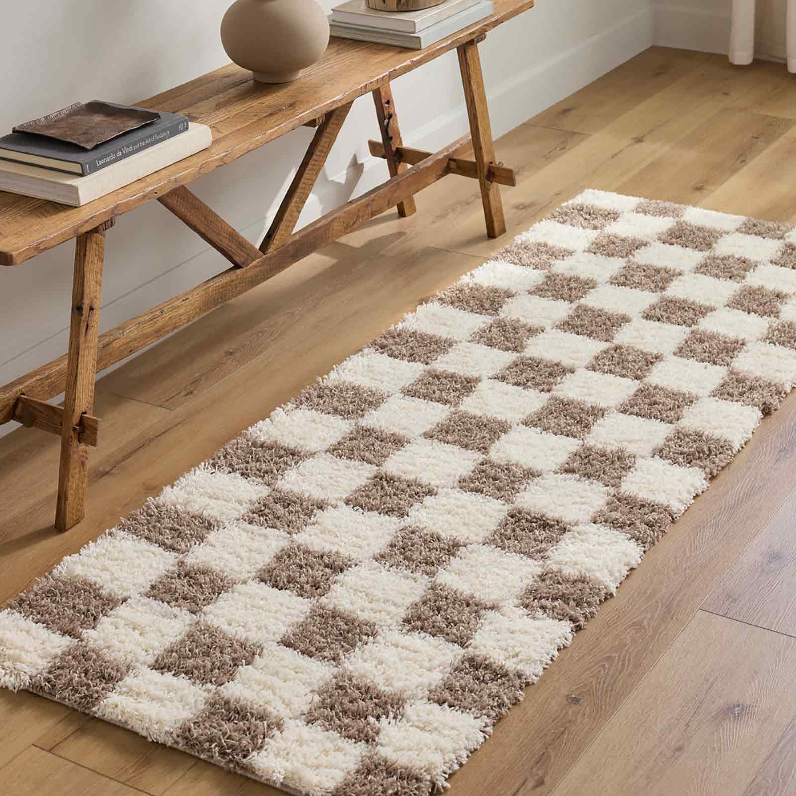 Livabliss Willa Mabini Shaggy Runner 80x220 cm – Plush Thick Pile for Hallway, Living Room & Bedroom, Neutral Boho Design, Easy Care, Cream & Dark Brown