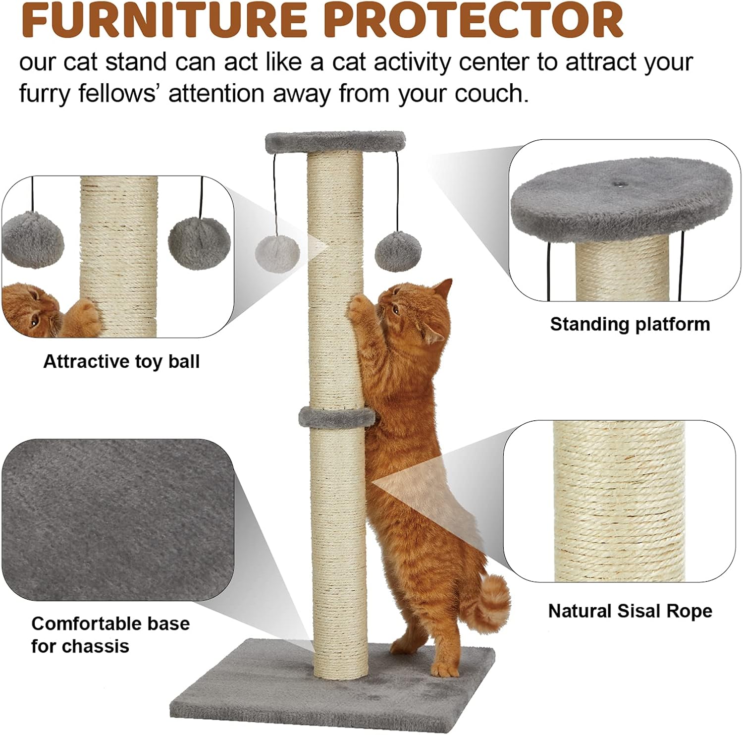 PEEKAB 32“Tall Cat Scratching Post Sisal Rope Scratch Posts with Soft Plush Platform Top and Interactive Ball Toys Vertical Scratcher for Indoor Cats Kitten Scratches Protector Furniture (Gray) : Pet Supplies