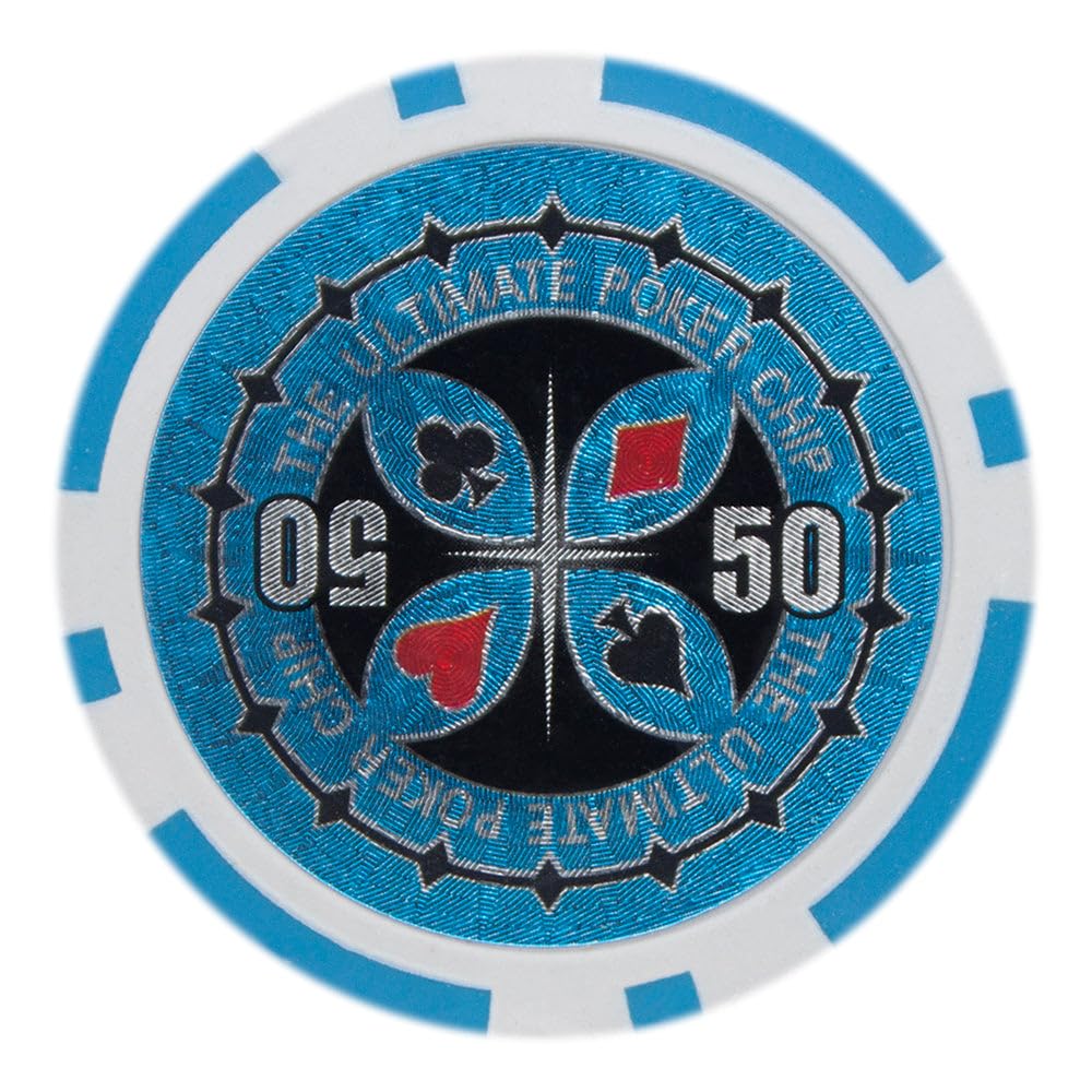 Playzaic 14-gram The Ultimate Poker Chips (50-Pack) Heavy Clay Composite Set - Bulk Casino Chips with Denominations for Texas Holdem, Blackjack - Betting Game Accessories ($50 Light Blue)