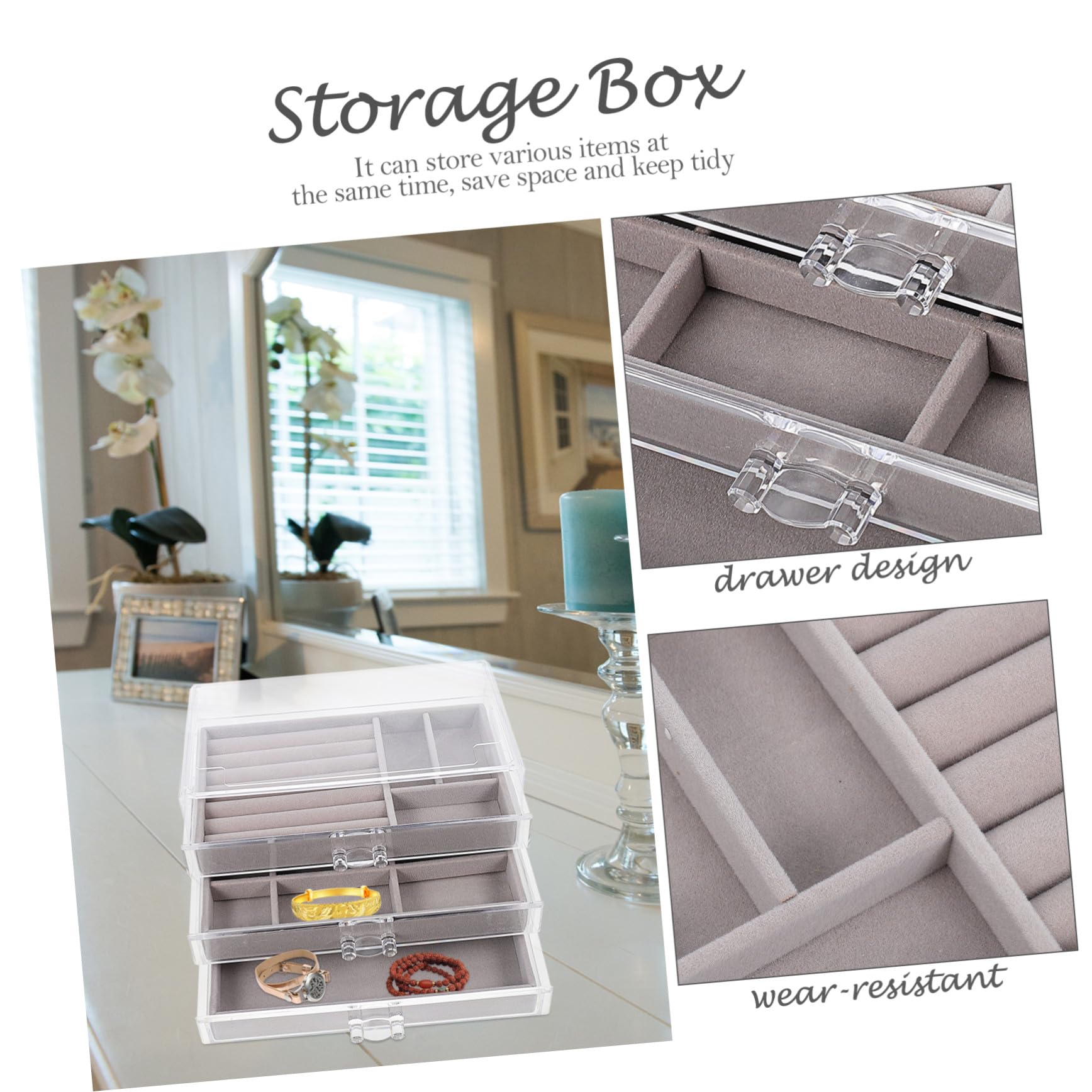 POPETPOP Scatola Porta Gioielli in Plastica Grigia con Organizer da Scrivania per Camera da Letto con Scomparti Multipli Antipolvere e Design Elegante